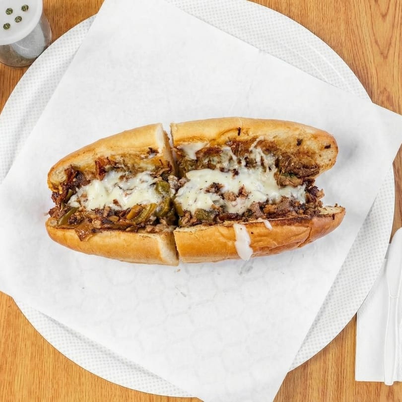 A sliced Philly cheesesteak sandwich with melted cheese, steak, and peppers on a white paper-lined plate.