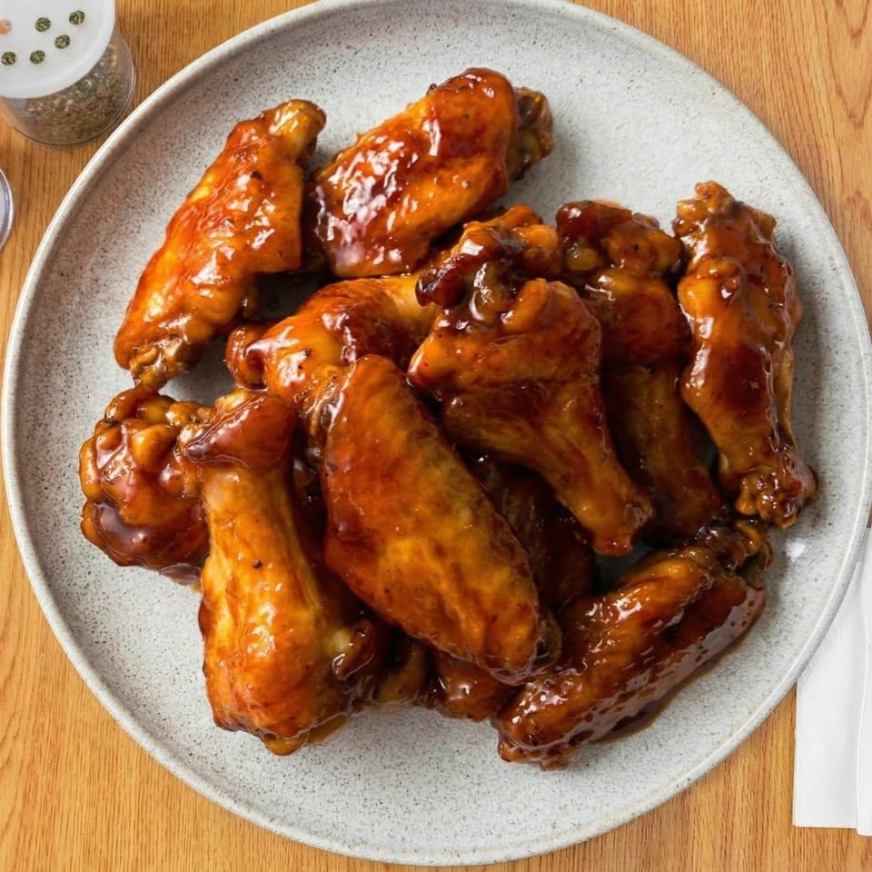 A plate of glistening, saucy chicken wings on a light gray plate, with a spice shaker nearby.
